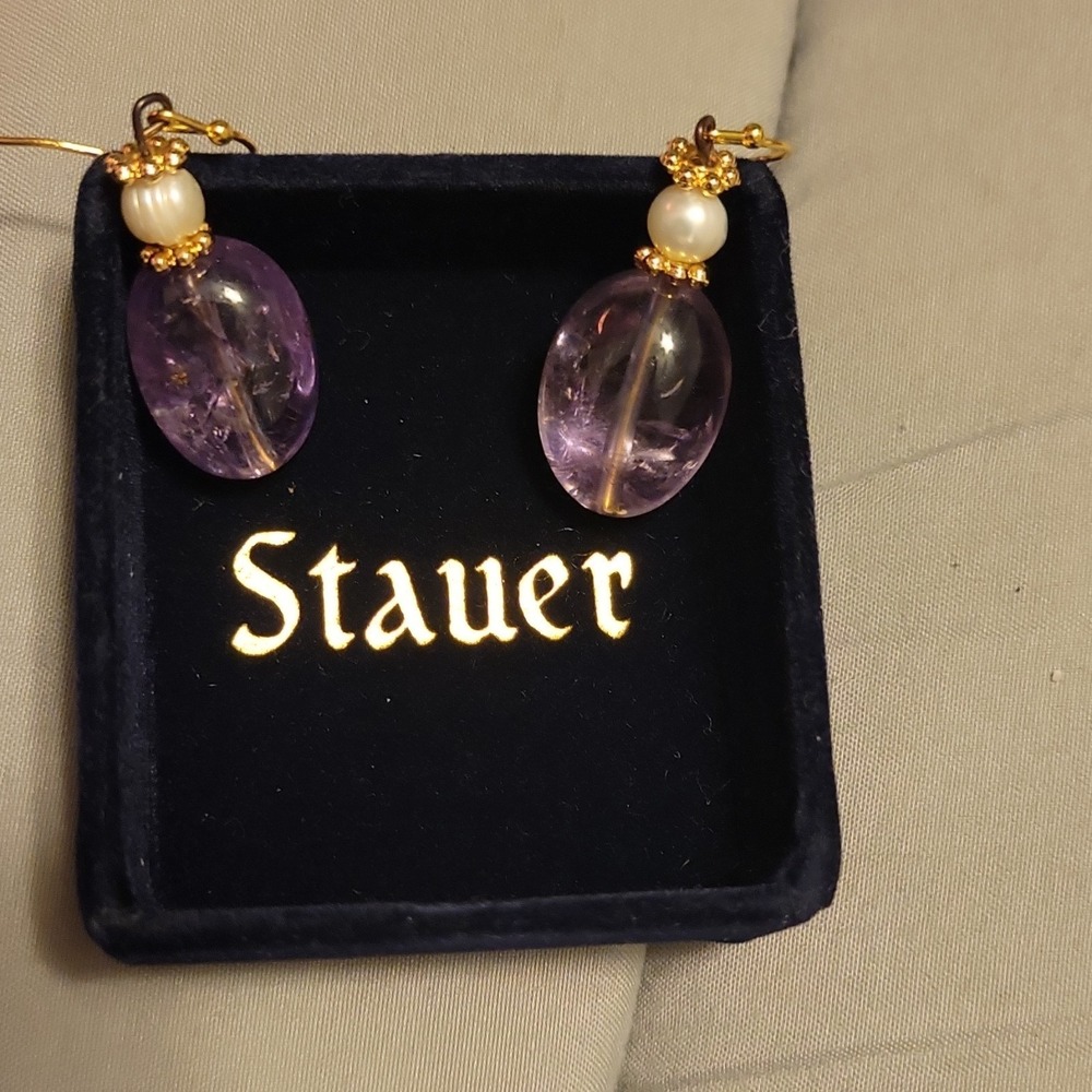 Stauer Amethyst & Pearl Dangle Earrings. Purple, White & Gold, Oval Shape